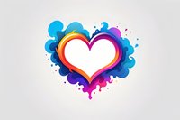 Vibrant rainbow heart shape with white center on colorful splashing background featuring blue, purple, and red paint splatters. Isolated design element on light backdrop.