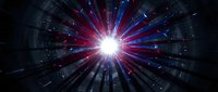 Digital light burst radiating from center with red and blue energy rays through dark geometric tunnel structure, representing technology, innovation, and digital transformation.