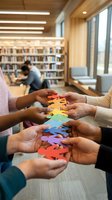 Diverse group of people holding colorful wooden puzzle pieces together in library setting, symbolizing teamwork, collaboration, and unity in educational environment.