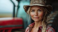 Young blonde woman in straw hat and plaid shirt smiling outdoors near vintage red truck. Rural lifestyle portrait for farming and countryside content.