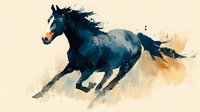Blue horse running with dynamic watercolor paint splashes and artistic brush strokes on cream background for modern equestrian art and home decor projects.