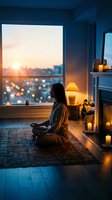 Woman with long dark hair sitting cross-legged on floor facing window at sunset, surrounded by lit candles, contemplative mood, urban cityscape view, relaxation and mindfulness concept.