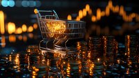 Shopping cart surrounded by glowing stacks of coins against dark background with bokeh lights, representing e-commerce success and online retail growth.