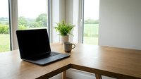 Modern home office workspace with laptop computer on wooden desk near window with green plant and coffee mug for remote work productivity and business.