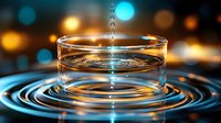 Crystal clear water drop falling into glass creating concentric ripples, illuminated by blue and orange bokeh lights against dark background. Macro photography.