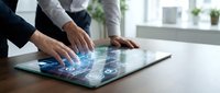 Business professionals using interactive touchscreen technology for data analysis and digital collaboration in modern office environment.