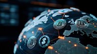 Digital cryptocurrency network shown on glowing world map with connected bitcoin symbols and financial technology nodes in blue tones.