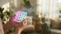 Smart home automation control panel on tablet device in modern living room with natural lighting and plants for technology lifestyle.