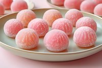 Pink sugar-coated candy balls arranged on ceramic plate, sweet confectionery treats for dessert and celebration concepts.