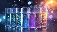 Colorful glowing cocktails with sparkles in tall glasses arranged in row against dark background with bokeh lights and magical atmosphere.