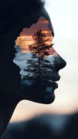 Silhouette profile with double exposure effect revealing sunset forest landscape within, creating visual metaphor for inner thoughts and connection to nature.