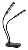 Dual gooseneck LED desk lamp in black with flexible arms and touch control base, isolated on white background for design use.