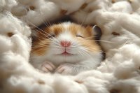 Adorable ginger and white hamster sleeping peacefully nestled in soft white cotton wool, showing cute pink nose and whiskers in warm natural lighting.