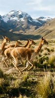 Vicuñas running through Andean highlands with snow-capped mountains in background. Wild South American camelids in natural habitat during golden hour lighting.