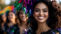 Young African American woman with natural curly hair smiling at carnival celebration, wearing colorful sequin costume and glitter makeup against festive blurred background.