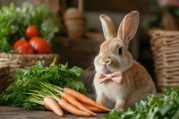 Adorable dwarf rabbit wearing bow tie sits near fresh carrots and vegetables on rustic wooden table, cozy farmhouse setting with wicker baskets in background.