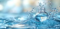 Small glass bottle with splashing water drops and dynamic liquid motion against blue background, creating refreshing spa-like atmosphere with bokeh light effects.