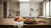 Wooden kitchen counter with fresh produce in metal bowl and flowers in vase, modern minimalist interior design with open shelving and natural light for home decor projects.