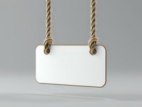 Blank white rectangular signboard with rounded corners hanging on brown rope against gray background, mockup for branding and advertising design.