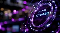 Futuristic glowing circular interface with system activated text against dark background with purple bokeh lights creating technological atmosphere.