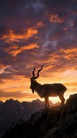 Majestic ibex silhouette standing on rocky mountain peak against dramatic orange sunset sky with purple clouds creating stunning alpine wilderness scene.