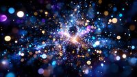 Magical cosmic explosion with glowing particles and bokeh lights in deep space, featuring vibrant blue, purple and golden colors against dark background.