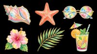 Six watercolor summer elements isolated on transparent background. Seashell, starfish, sunglasses, hibiscus, palm leaf, and tropical cocktail for stickers, T-shirts, and print on demand.