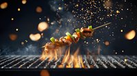 Grilled meat kebab with vegetables flying over flaming barbecue grill with sparks and smoke against dark background, dramatic food photography.