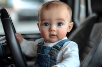 Caucasian baby in denim overalls and white shirt sitting in car seat, holding steering wheel with curious expression and bright blue eyes, soft bokeh background.