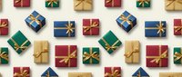 Colorful wrapped gift boxes with golden ribbons arranged in seamless pattern on cream background for holiday celebrations and festive occasions.