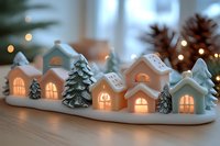 Glowing ceramic winter village houses with illuminated windows and decorative pine trees on white base, creating cozy holiday atmosphere with bokeh lights.