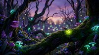 Enchanted forest scene with glowing magical lights, twisted tree branches and mystical atmosphere. Fantasy woodland background for gaming, storytelling projects.
