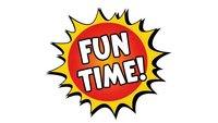 Comic book style burst with FUN TIME text in bold letters. Colorful explosion badge for entertainment, games, and promotional materials on white background.