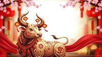 Golden ox with ornate decorations and red silk fabric against cherry blossom background for Chinese New Year celebration and lunar calendar festivities.