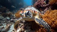 Green sea turtle swimming near vibrant coral reef in crystal clear tropical waters, close-up underwater photography showing detailed shell pattern and marine ecosystem.