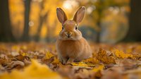Adorable brown bunny sitting among fallen autumn leaves in forest with golden bokeh background, looking directly at camera with alert expression.