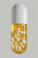 Large pharmaceutical capsule filled with yellow liquid and floating white spheres against light background. Medical concept for drug development and healthcare.