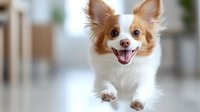 Adorable small Chihuahua puppy with fluffy brown and white fur running happily indoors with tongue out and excited expression in bright modern home interior.