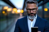 Mature Caucasian businessman with gray beard and glasses checking smartphone in evening urban setting with bokeh lights, wearing navy suit and white shirt.