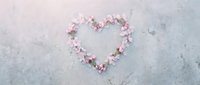 Pink flower petals arranged in heart shape on concrete surface for romantic wedding Valentine's Day greeting card design and love celebration concepts.