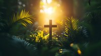 Wooden cross surrounded by tropical palm leaves with golden sunlight streaming through lush green foliage creating peaceful spiritual atmosphere for Easter worship.