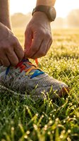 Male runner tying athletic shoe laces in sunny field at golden hour, preparing for outdoor jogging workout in nature with green grass and bokeh background.