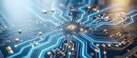 Close-up of circuit board with glowing blue and gold pathways, central processor core, and interconnected electronic components for technology and innovation concepts.