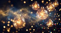 Glowing golden spheres floating in cosmic space with sparkling lights and bokeh effects creating magical atmosphere for holiday celebrations and festive designs.