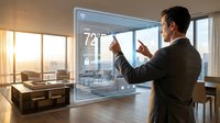 Man in business attire interacting with transparent smart glass display showing temperature and home automation controls in modern office with city skyline view.