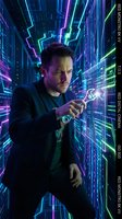 Caucasian businessman in suit holding glowing smartphone in futuristic neon cyberpunk digital tunnel with purple and green light streams for technology concepts.