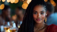 Young African American woman with dreadlocks wearing red top and gold jewelry smiling at camera with warm bokeh lights in background for lifestyle content.