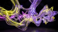 Flowing liquid glass waves in vibrant purple and yellow hues swirl dynamically against a black background, creating an abstract fluid art composition suitable for modern design projects.
