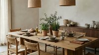 Modern Scandinavian dining room with natural wood table, woven chairs, pendant lights, ceramic tableware, potted plants creating warm minimalist interior.