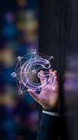 Businessman holding glowing neon network globe with connected nodes and digital lines, representing global connectivity, technology innovation, and digital transformation for business solutions.